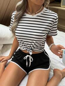 Girls' Minimalist Striped Round Neck Drop Shoulder Short Sleeve Top With Waist Tie And Black Drawstring Shorts Set, Soft And Comfortable Fabric, Casual Outfit For Home And Family Interaction - Black - View 1