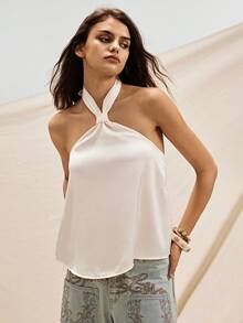 Easelle Áo nữ màu trơn cổ yếm buộc dây nhún bèo, kiểu dáng thường ngày, đa năng. - trắng - Xem 4