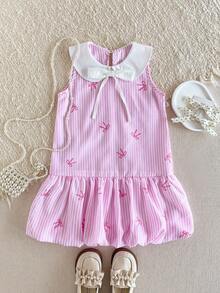 PrepCrw 1pc Young Girls' Elegant Delicate Collegiate Cute Pearl Bow Striped Pattern White Collar Sleeveless Dress, Suitable For Casual Daily, Outings, Gatherings, Festivals, Spring And Summer - Pink - View 1