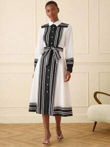 Lilora 女士休闲通勤撞色条纹印花长袖系带衬衫裙，春秋季 - 白色 - 查看 9