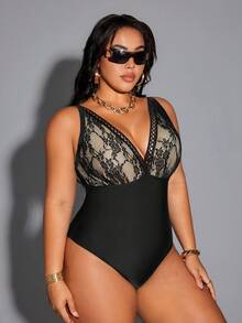 Shapewave 2026 New Summer Beach Lace & Mesh Patchwork Adjustable Drawstring Plus Size One-Piece Swimsuit - Black - View 4