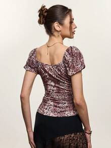 INAWLY Women's Leopard Print Contrast Lace Puff Sleeve Fitted T-Shirt, Summer - Multicolor - View 2