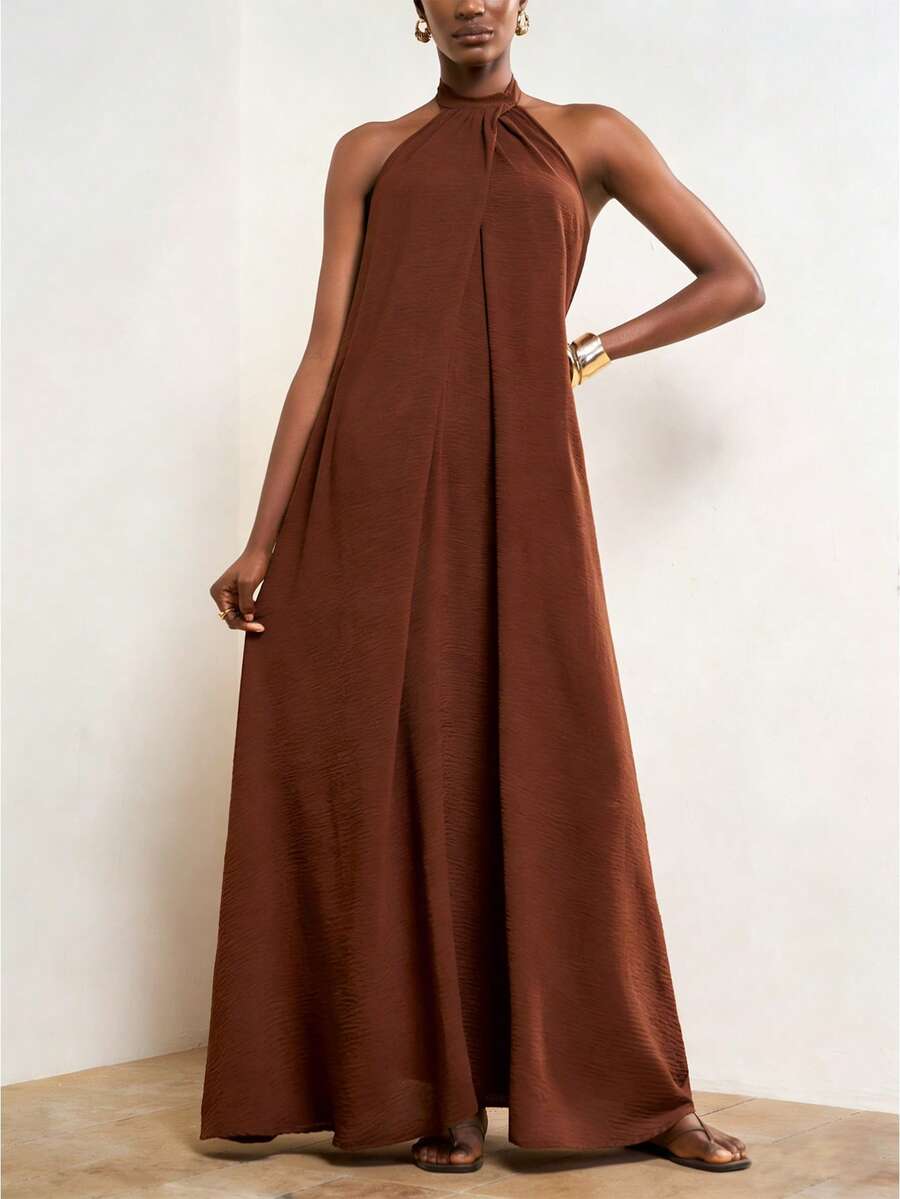 Zivah 2026 Spring & Summer New Arrival, Suitable For Valentine's Day, Music Festival, Easter, Western Style, Nomadic Style, Bohemian, Nashville, Party, Wedding, Evening Event, Date, Gathering, Birthday, College Style, Student Wear, Daily Casual, Basic Versatile, Leisure, Vacation, Cruise Travel, Beach, Sunbathing, Trending, Elegant, Commute, Business Casual, Small Stand Collar Tie, Sexy Backless, Front Crossed Pleated, Loose A-Line Maxi Dress, Brown Maxi Dress, Casual Maxi Dress, Vacation Maxi Dress, Women Maxi Dress - Brown - View 1