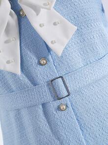 SHEIN Tween Girl Contrast Collar Detachable Bow Textured Fabric Dress, Elegant Academic Lady Style - Blue - View 6