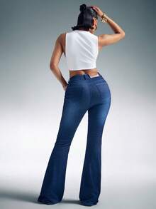 Denimoi 高弹针织牛仔喇叭裤 性感牛仔裤 修身牛仔裤 - 深色水洗藍 - 查看 5