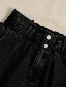 Breezaya Quần short denim dáng mùa hè, cạp chun, túi xéo. - màu đen - Xem 5