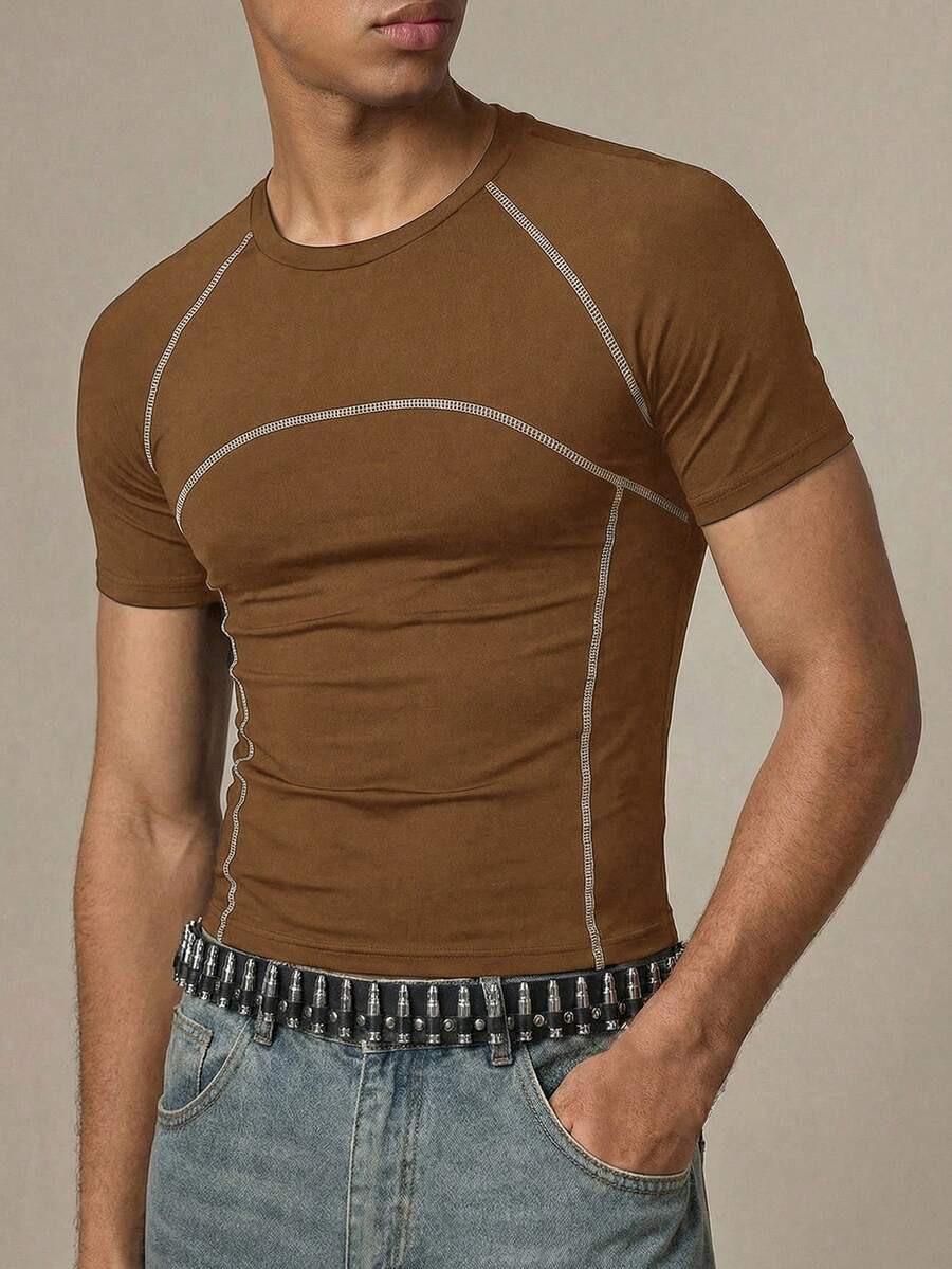 SWAVVY Áo thun ngắn tay nam dáng ôm, họa tiết trang trí, thích hợp mặc hàng ngày vào mùa xuân/hè. - màu nâu - Xem 1