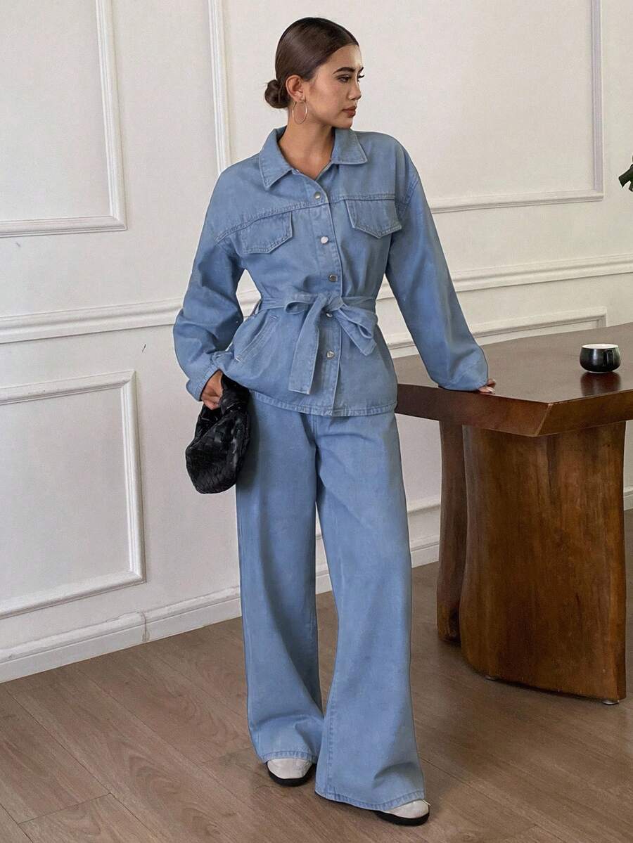 DAZY Bộ đồ denim nữ dáng rộng, thoải mái, phong cách thu đông mới, chất liệu denim bạc màu, cạp chun. - Rửa nhẹ - Xem 1