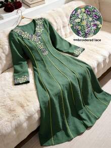 Al Najma Elegant Embroidered Trim Splice Long Sleeve Modest Plus Size Dress - Green - View 2