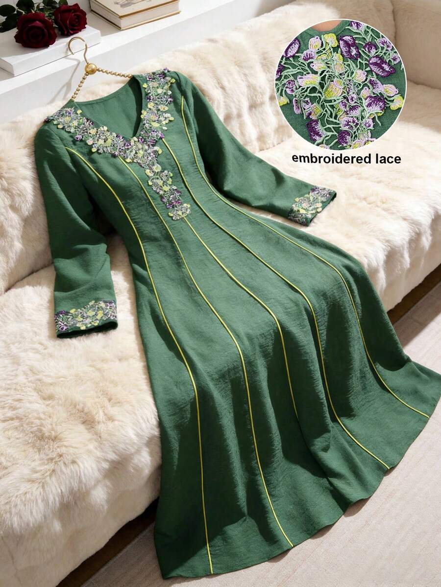 Al Najma Elegant Embroidered Trim Splice Long Sleeve Modest Plus Size Dress
