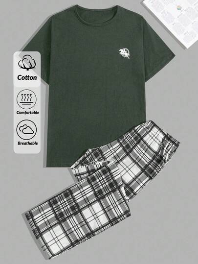 EURMUSE Comfortabele, casual katoenen pyjamaset voor heren met klein logo en geruite broek