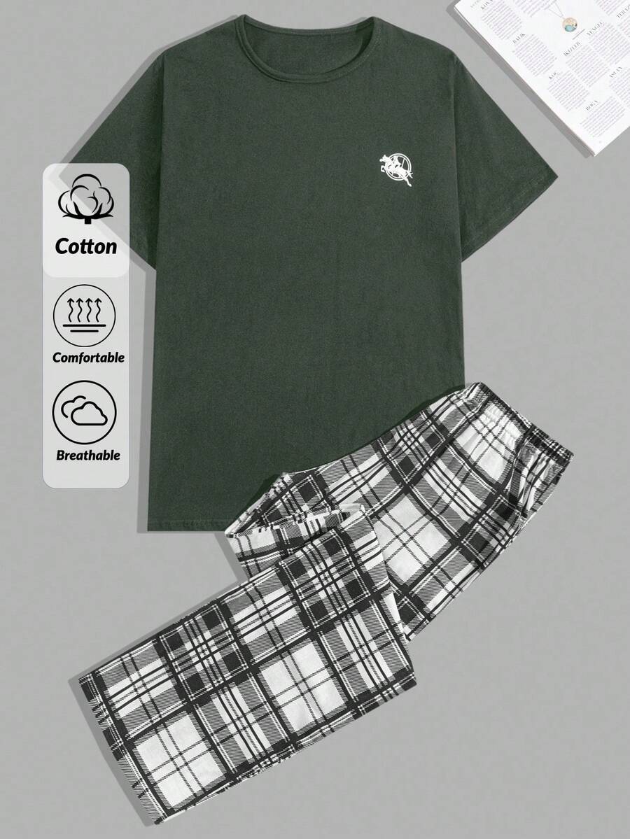 Cotton Men's Comfortable Casual Small Logo Print T-Shirt And Plaid Pants Pajama Set - Army Green - View 1