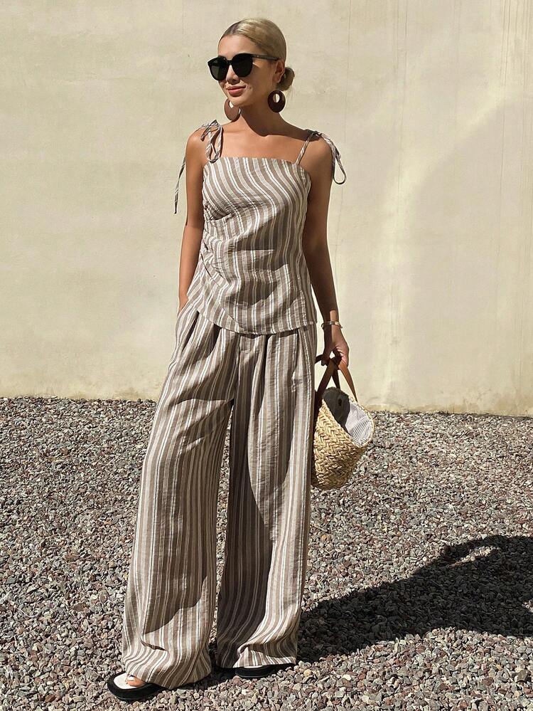 2pcs Set: Striped Camisole Design Slim Fit Top And Loose Striped Pants
