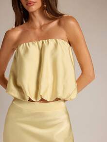 SHEIN BAE 黄色无肩带泡泡袖缎面上衣和黄色鱼尾裙两件套，缎面两件套，黄色两件套，婚礼宾客两件套，约会之夜两件套，毕业典礼两件套 - 黃色 - 查看 7