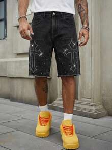 ROMWE MEN Herrjeanshorts med strass och kors, vardagskläder - Svart - Visa 2