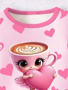 一套女婴可爱咖啡杯印花撞色领口袖口针织修身长袖上衣和印花长裤睡衣套装，适合作为情人节女婴礼物。 - 白色 - 查看 4