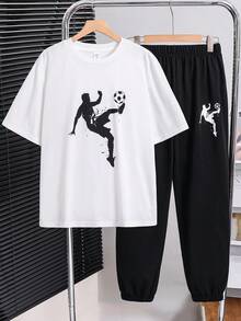SHEIN 2件套青少年男童休闲字母印花圆领套头衫套装,适合夏季、运动、跑步、户外活动 - 彩色 - 查看 4