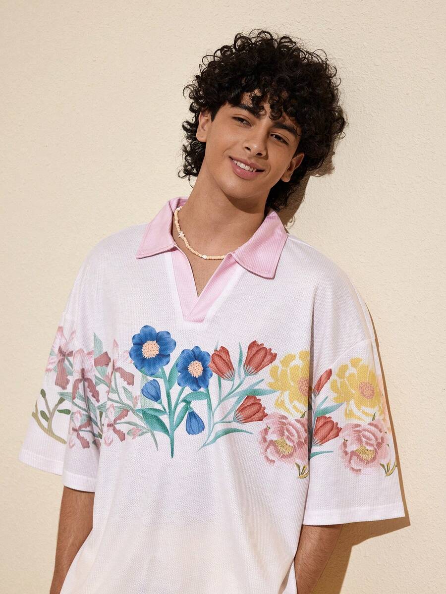 Felipe Marques Áo thun nam cổ polo tay ngắn dáng rộng in hoa, cổ chữ V, màu hồng, thích hợp cho mùa thu, đông, xuân, dự tiệc, kỳ nghỉ, khu nghỉ dưỡng biển, phong cách Bohemian. - Màu be - Xem 1