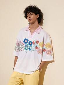 Felipe Marques Áo thun nam cổ polo tay ngắn dáng rộng in hoa, cổ chữ V, màu hồng, thích hợp cho mùa thu, đông, xuân, dự tiệc, kỳ nghỉ, khu nghỉ dưỡng biển, phong cách Bohemian. - Màu be - Xem 6