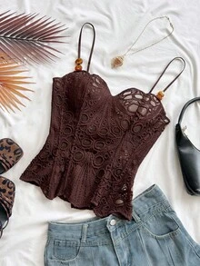 Soleia 春夏新款休闲度假西式海滩婚礼宾客礼服毕业早午餐女装，适合圣帕特里克节、春假、复活节、音乐节等场合，优雅波西米亚热带风情无袖上衣，饰有纹理串珠，露背系带设计，约会装 - 棕色 - 查看 4