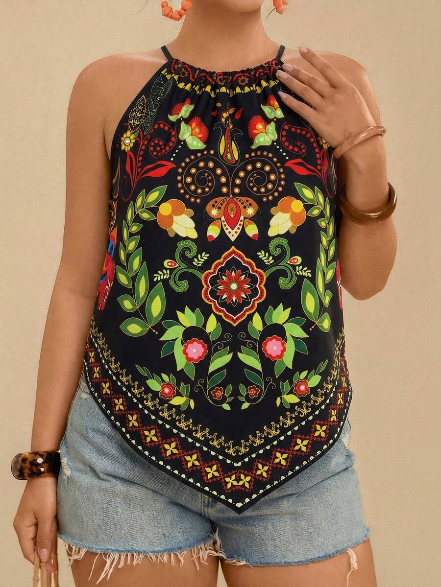 Travachic 大码波西米亚风休闲度假沙滩吊带露肩印花吊带背心女款 - 黑色 - 查看 1