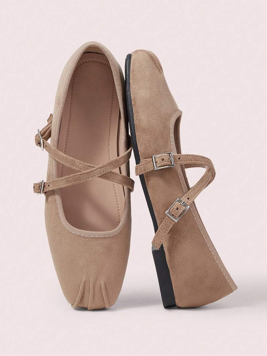CUCCOO DOLLMOD Women's Shoes Camel Square Toe Characteristic Pleated Suede Cross Strap Mary Jane Low Vamp Ballet Flats - Khaki - View 1