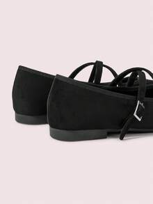 CUCCOO DOLLMOD Women's Shoes Black Square Toe Characteristic Pleated Suede Cross Strap Mary Jane Low Vamp Ballet Flats - Black - View 4