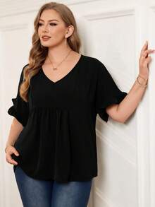 EMERY ROSE Plus Size Women's  Vacation Casual Dark Blue Mom Shirts With Ruffled Sleeves For Summer - Black - View 4