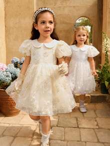 SHEIN Glamorique Kids 女童碎花腰部蓬蓬薄纱连衣裙，优雅派对礼服，泡泡袖设计，适合所有季节 - 杏色 - 查看 8