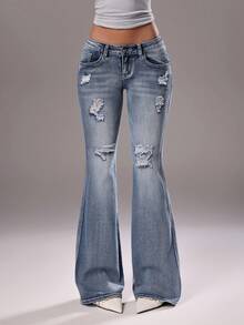 TRNVIE 时尚休闲复古做旧低腰喇叭牛仔裤 - 中等水洗藍 - 查看 4