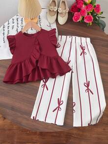 Elladie kids Young Girls Cute Ruffle Hem Asymmetrical Design & Bow Print Casual Pants Set - Burgundy - View 3
