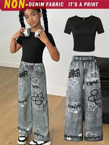 Conjunto de 2 piezas para niña preadolescente: Camiseta de manga corta negra con estampado de letras inglesas y estrellas, Pantalones negros - Negro - Ver 1