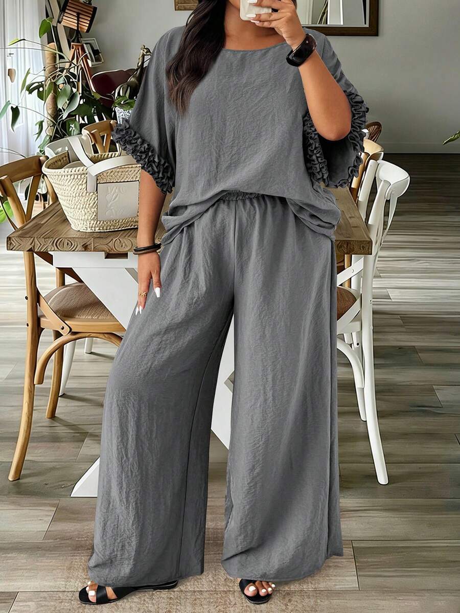 EMERY ROSE 大码女式纯色简约日常短袖上衣和裤子两件套 - 灰色 - 查看 1