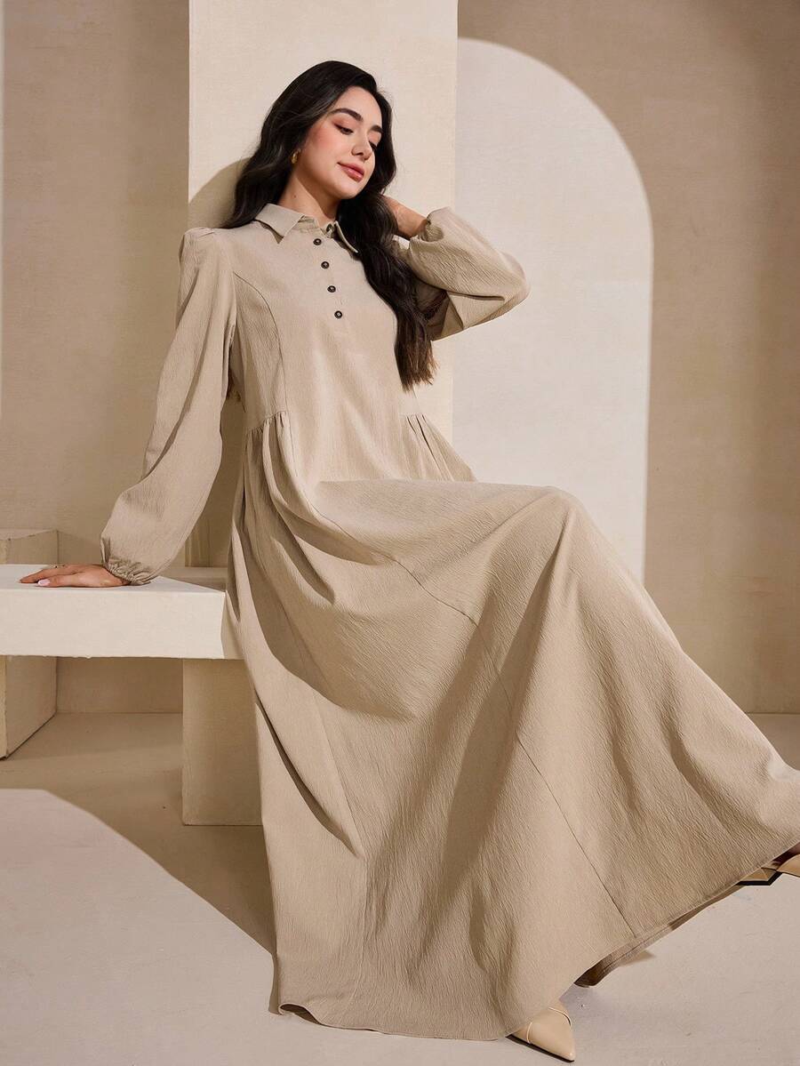 Graceveil 女士简约Polo领长袖优雅休闲阿拉伯风格连衣裙 - 卡其色 - 查看 1