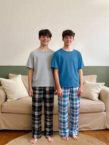 4件套青少年睡衣套装，黑色和浅灰色短袖上衣和格子裤，面料柔软舒适，简约设计，弹力透气，可机洗（2套单独出售） - 彩色 - 查看 4
