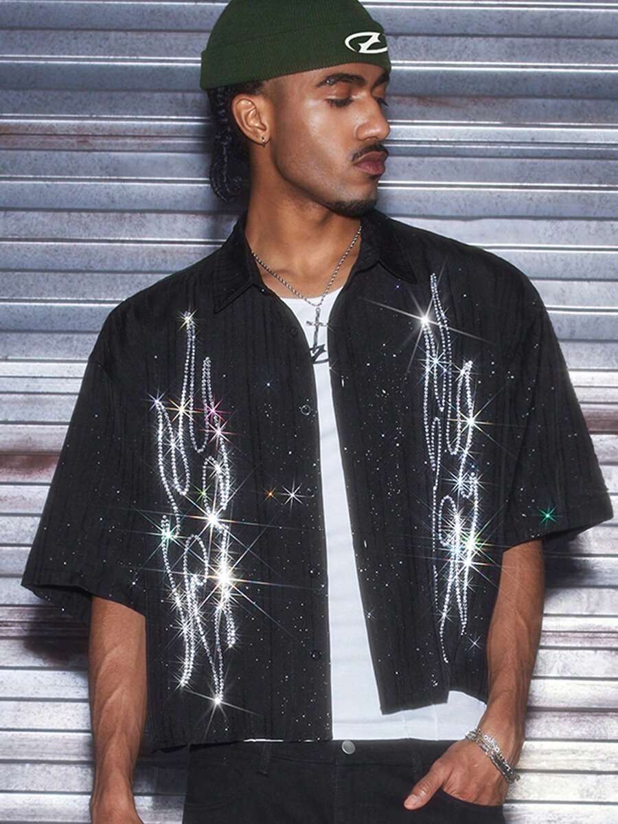 AXEPEAK Men's Rhinestone Decor Fashionable Short Sleeve Casual Shirt - Black - View 1