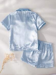 Tween Girl Solid Blue Elegant Casual Loose 2 Pieces Shorts & Short Sleeve Homewear Set Summer Pajama Set Tween Girl Sets Summer Blue - Blue - View 2