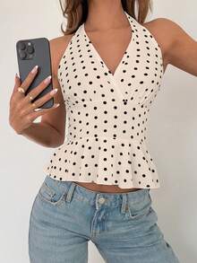 Almamuse Women's V-Neck Halter Ruffle Polka Dot Sleeveless Top, Suitable For Spring Music Festivals - Apricot - View 3