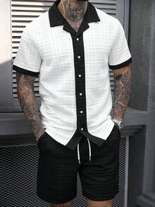 Manfinity CasualCool 男士夏季休闲撞色滚边衬衫和短裤套装 - 黑與白 - 查看 4