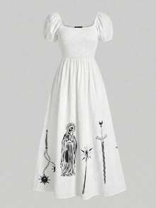 ROMWE Đầm dài in họa tiết búa sao băng, kiếm, dây xích, nĩa theo phong cách Gothic dành cho nữ. - trắng - Xem 9