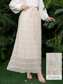 Lacomfia Women's French Style Apricot Pleated Cinched Waist A-Line Skirt - Apricot - View 2