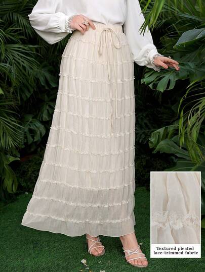 Lacomfia Women's French Style Apricot Pleated Cinched Waist A-Line Skirt