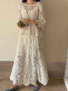FRIFUL 女士纯色圆领长袖上衣和半裙休闲针织两件套 - 米色 - 查看 3