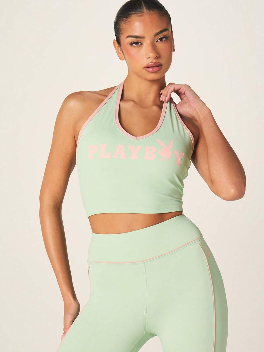 Missguided x Playboy Sage Halter Neck Sports Tank Top With Logo Print And Pink Contrast Trim - Green - View 1