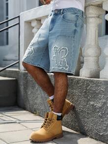 Manfinity EMRG Men's Casual Streetwear Distressed Denim Shorts With 3D Text Design - Light Wash - View 5