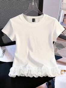 GlowEve Camiseta de verano de unicolor casual y versátil con ribete de encaje - Blanco - Ver 1