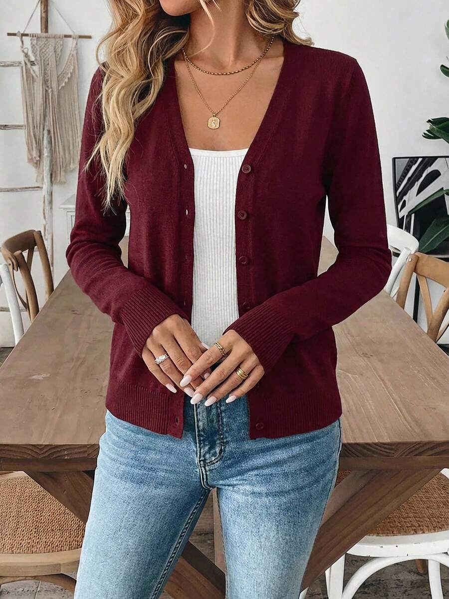 Cárdigan casual de manga larga ajustado de unicolor para mujer - Burdeos - Ver 1