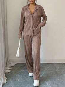EURMUSE Lapel Neck Drop Shoulder Shirt & Pants - Dusty Pink - View 3