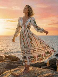 CAJUNI 热带度假可爱刺绣长裙 - 杏色 - 查看 5