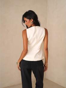 SHEIN Glamour 女士优雅金属纽扣开衩背心，适合通勤和夏季穿着 - 杏色 - 查看 2